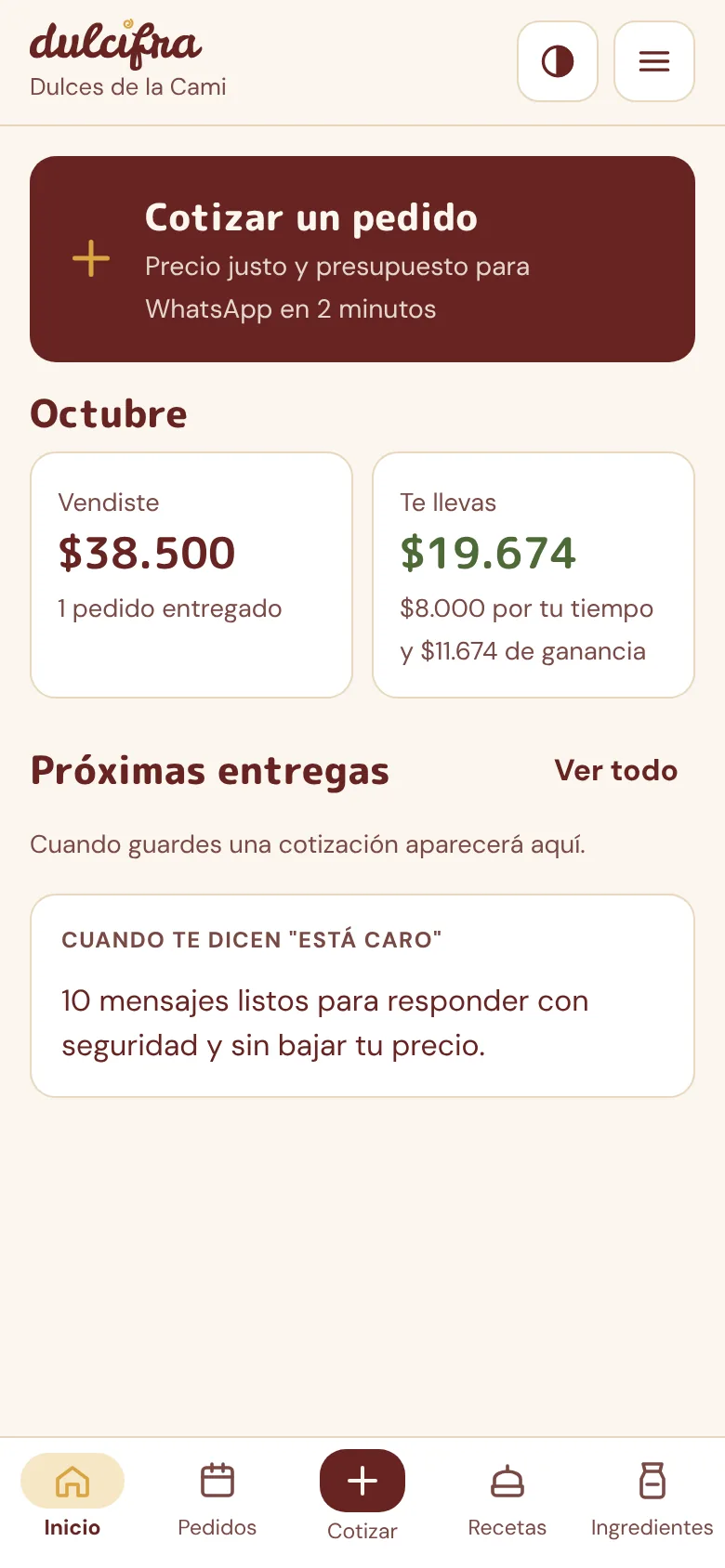 Inicio de Dulcifra: este mes vendiste $38.500 y te llevas $19.674